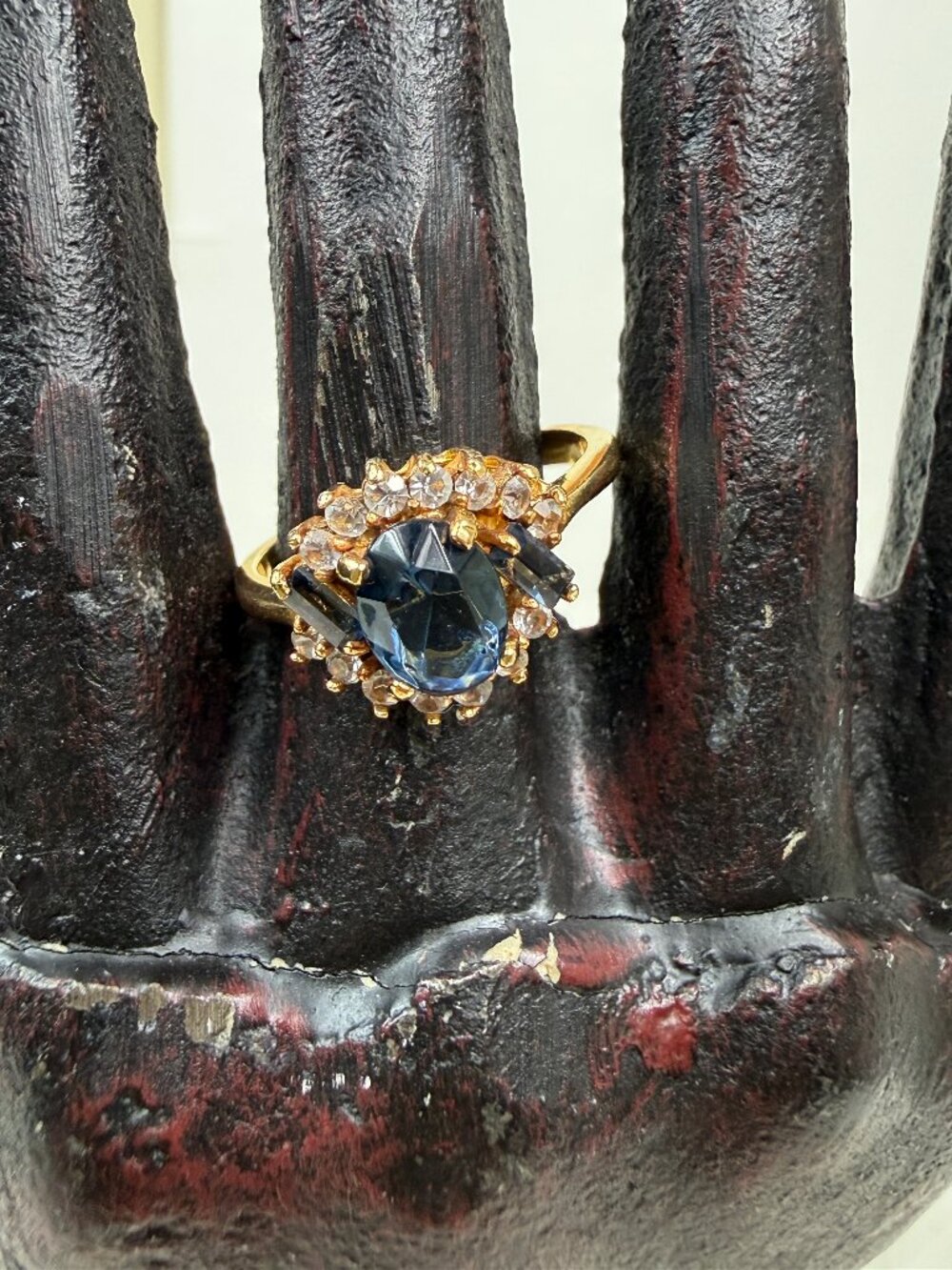 Vintage DAC Blue & Clear Glass Gold Tone Ring Size 8.75